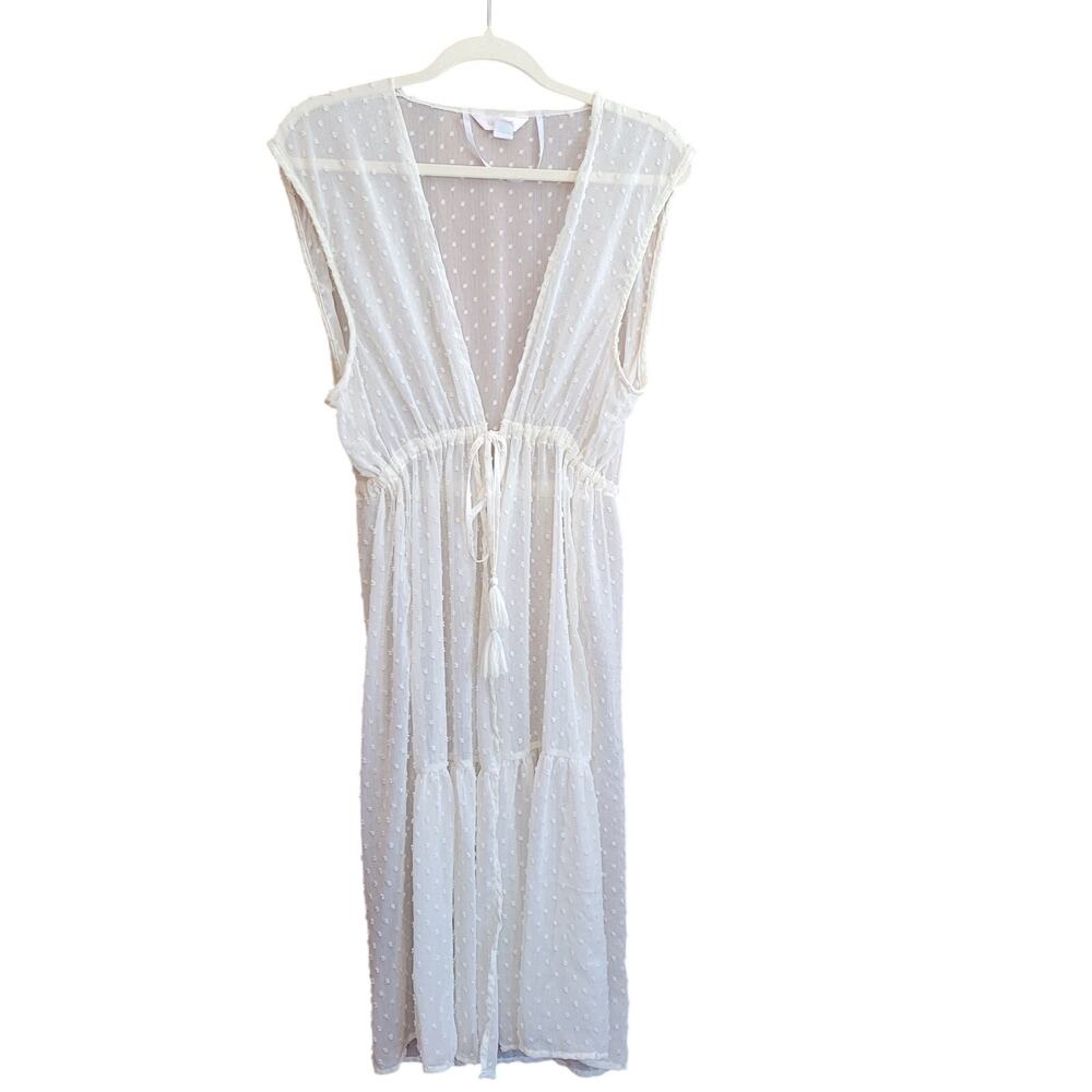 LC Lauren Conrad White Swiss Dot Duster Robe Size M Sheer Cover Up Boho Festival